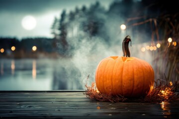 A Mystical Autumn Pumpkin resting gently on the tranquil surface of a serene lake