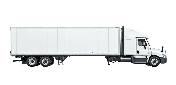 A modern semi-truck with a white trailer, set against a dark background. The truck is in profile