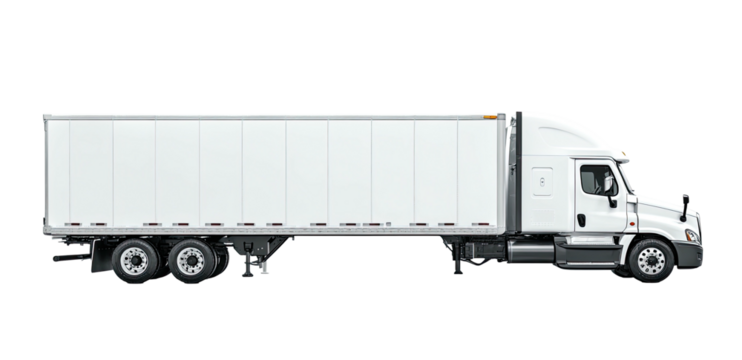 A modern semi-truck with a white trailer, set against a dark background. The truck is in profile