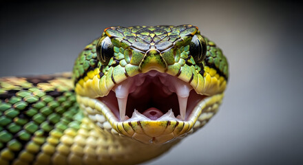 Obraz premium Aggressive Green Snake with Open Mouth and Sharp Teeth in Studio Shot