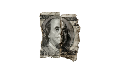 Torn hundred-dollar bill, split vertically, showing portrait on black background