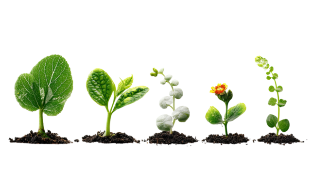 Plant growth stages showing seed germination, sprout development, and mature leaf formation representing natural life cycle and agriculture process isolated on white background 