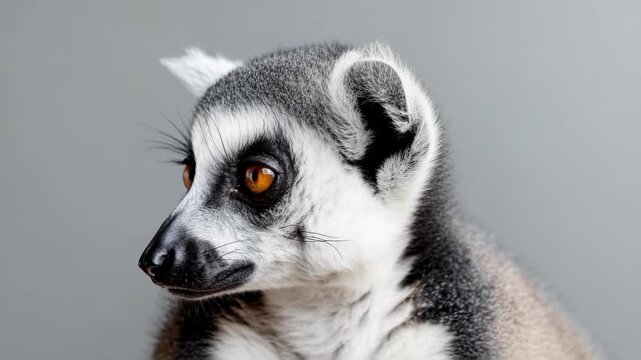 Close-up of a lemur with bright orange eyes and pale facial fur.