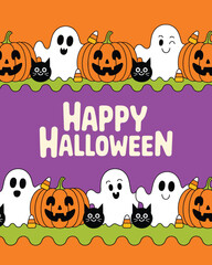 Happy Halloween with Cute Ghosts, Pumpkins, and Black Cats Design