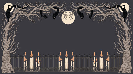 Spooky Halloween Night with Bare Trees, Full Moon, and Flickering Candles