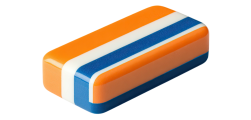 A colorful, rectangular object with smooth, rounded edges and a striking striped pattern