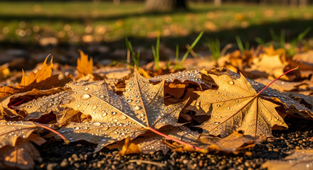 Maple Leaves Covered in Dew Drops Lying on Ground in Golden Sunlight