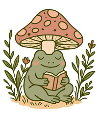 Cozy Frog Reading Under a Mushroom – Cute Boho Illustration