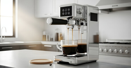 Espresso Machine Pouring Coffee Into Glass Cups in Bright Kitchen