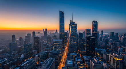 Fototapeta premium Vibrant City Skyline at Dusk - Modern Urban Architecture