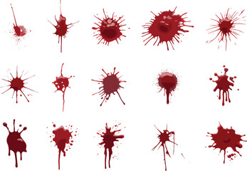 Red  splatter collection on white background, isolated dripping stains and splashes for horror art, Halloween design, crime scene texture