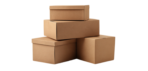 Image shows a group of four stacked cardboard boxes of different sizes on a dark background