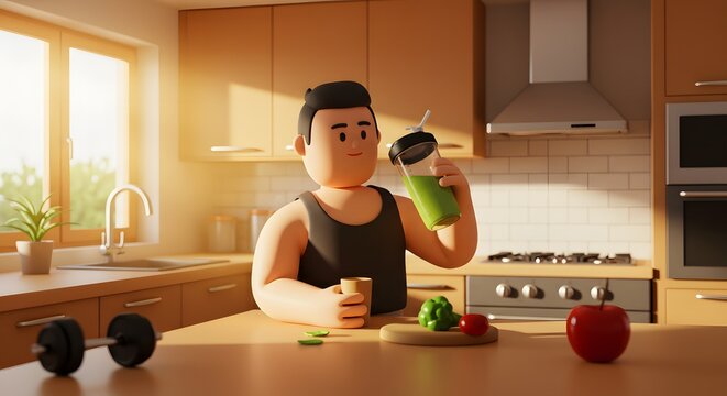 3D cartoon man drinking green smoothie in a bright kitchen, promoting healthy lifestyle, fitness, and nutrition with fresh food and dumbbell. - Powered by Adobe