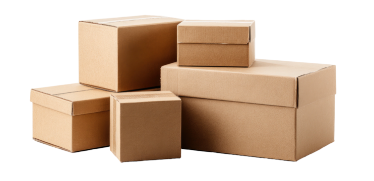 A group of various sized cardboard boxes stacked and arranged on a surface, isolated against a solid background