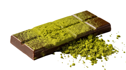 Milk chocolate bar dusted with vibrant matcha powder combining sweet cocoa flavor and earthy green tea aroma for dessert lovers isolated on white background 