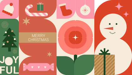 Modern flat Christmas illustration featuring festive icons such as a snowman, Christmas tree, candy cane, gift box, and holiday decorations in warm pastel tones.