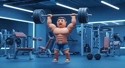 Muscular 3D cartoon man lifting barbell overhead in modern gym, fitness and strength training illustration