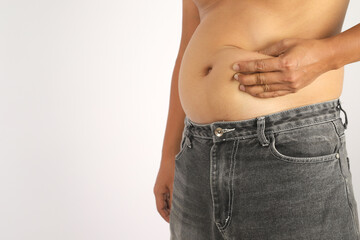 Naklejka premium Obese man with big bellies and excess fat must control their diet.