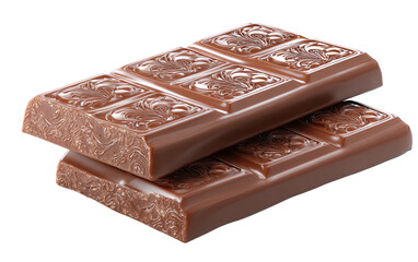 Two rectangular chocolate bars stacked, textured design on top. Dark brown, isolated on black
