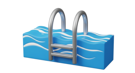 Blue water pool with silver ladder isolated on a transparent background white waves