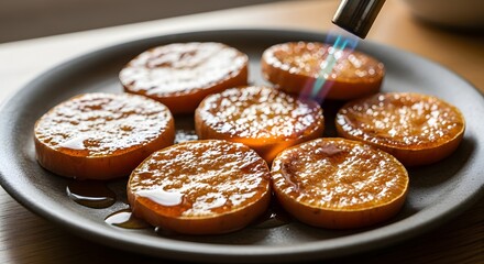 Blow torch caramelizing sliced fruits on a dark plate for a sweet dessert presentation close up view