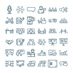 Meeting Outline Vector Icon Set – Business Communication, Teamwork, and Collaboration Icons Collection