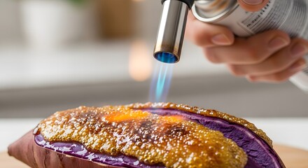 Caramelizing sweet potato with a culinary torch in kitchen for a delicious dessert preparation