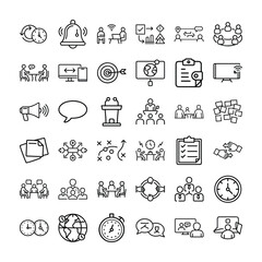 Meeting Outline Vector Icon Set – Business Communication, Teamwork, and Collaboration Icons Collection