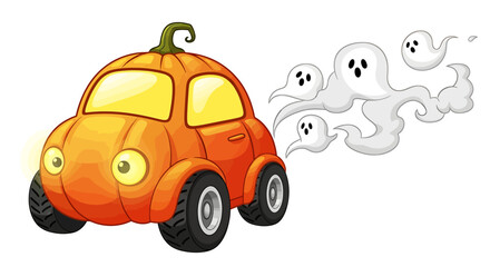 Pumpkin car with ghosts for Halloween, cartoon illustration.