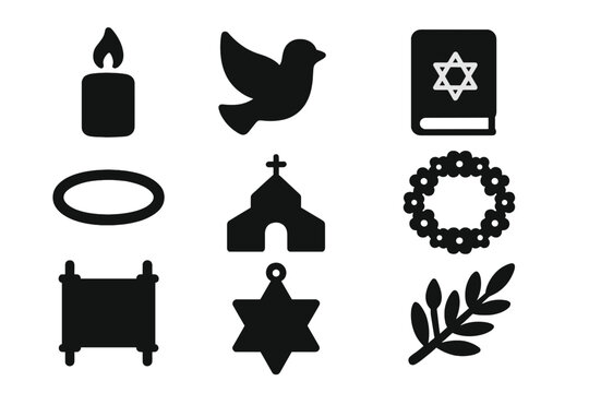 Filled glyph icons of Yom Kippur symbols in black silhouette