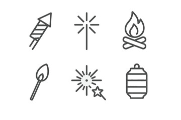 Fototapeta premium Line icons of bonfire, fireworks, sparklers, and lanterns 