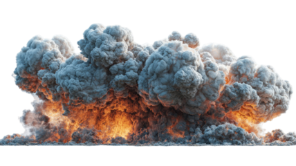 Massive explosion with fiery blast and smoke cloud showcasing powerful energy burst and destructive impact in dramatic visual scene isolated on white background 