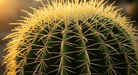 Golden Barrel Cactus with Sharp Yellow Spines in Golden Sunlight