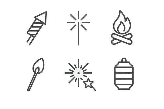 Line icons of bonfire, fireworks, sparklers, and lanterns  