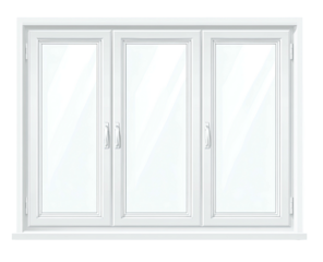 Triple-pane white window with three glass panels and white frame, sitting on a windowsill