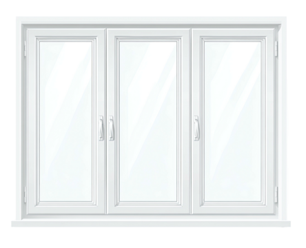 Triple-pane white window with three glass panels and white frame, sitting on a windowsill