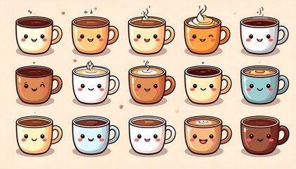 A collection of 15 cartoon coffee mugs, each with a smiling face, varying contents and colors, set against a cream background