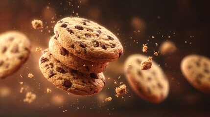 Warm Soft Chip Cookies Flying with Crumbs in Beautiful Lighting Captured in 3D Render