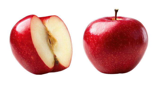 Two vibrant red apples, one whole and the other sliced, against a black background