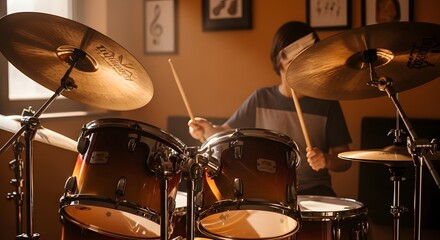 Drummer playing a drum set with cymbals and drumsticks in a room with music themed wall art
