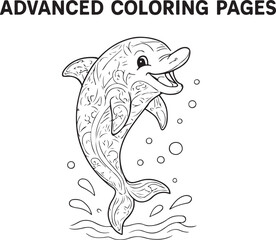 Naklejka premium Joyful dolphin leaping through water splashes and bubbles in a detailed outline for advanced coloring pages