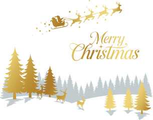 Golden Christmas Forest with Santa Sleigh and Reindeer Vector Illustration