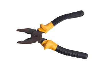 Obraz premium Old combination pliers with yellow and black rubber handle isolated . vintage hand tool for gripping, cutting, or twisting wire in workshop or repair work.