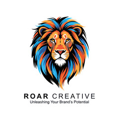 Vibrant Lion Head Logo with Colorful Mane Roar Creative Branding.