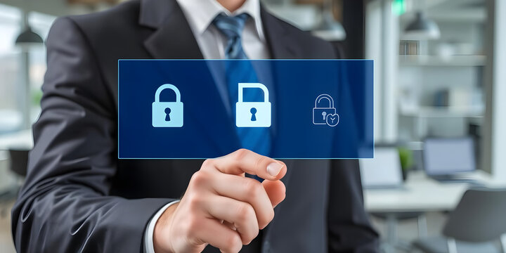 Businessman uses fingerprint scanner to delete sensitive digital files, ensuring data privacy and security in a modern office environment