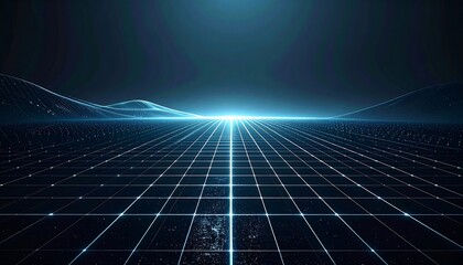 A futuristic digital landscape features a gridded plane fading into the horizon, under a luminescent glow, with rolling hills