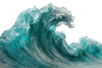 An isolated, translucent, turquoise wave crests, with a foaming edge, against a black background
