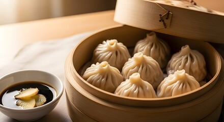Steaming dumplings in a bamboo steamer with soy sauce and ginger on a light wooden surface top view