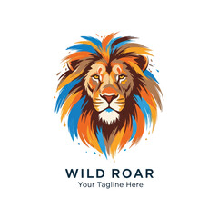 Vibrant Lion Head Logo with Colorful Mane and Fierce Expression.