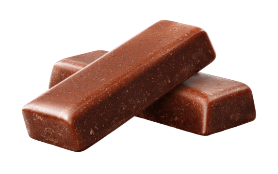 Two rectangular chocolate candy bars slightly overlapping, with a glossy sheen against a black backdrop